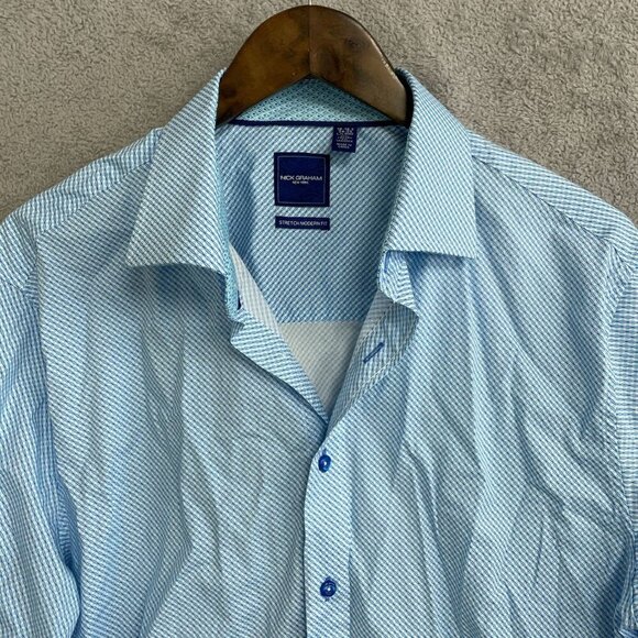 NWOT Nick Graham Men's L Stretch Modern Fit Dress Shirt Blue Pattern - Picture 8 of 10